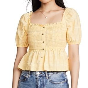NWT The Fifth Label Smocked Crop Top US 4 Yellow Blouse Ruched Spring Peplum